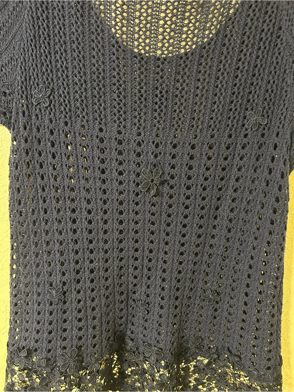 INC International Concepts Navy Blue Crochet Open Knit Top Lace Appliqué M-L105